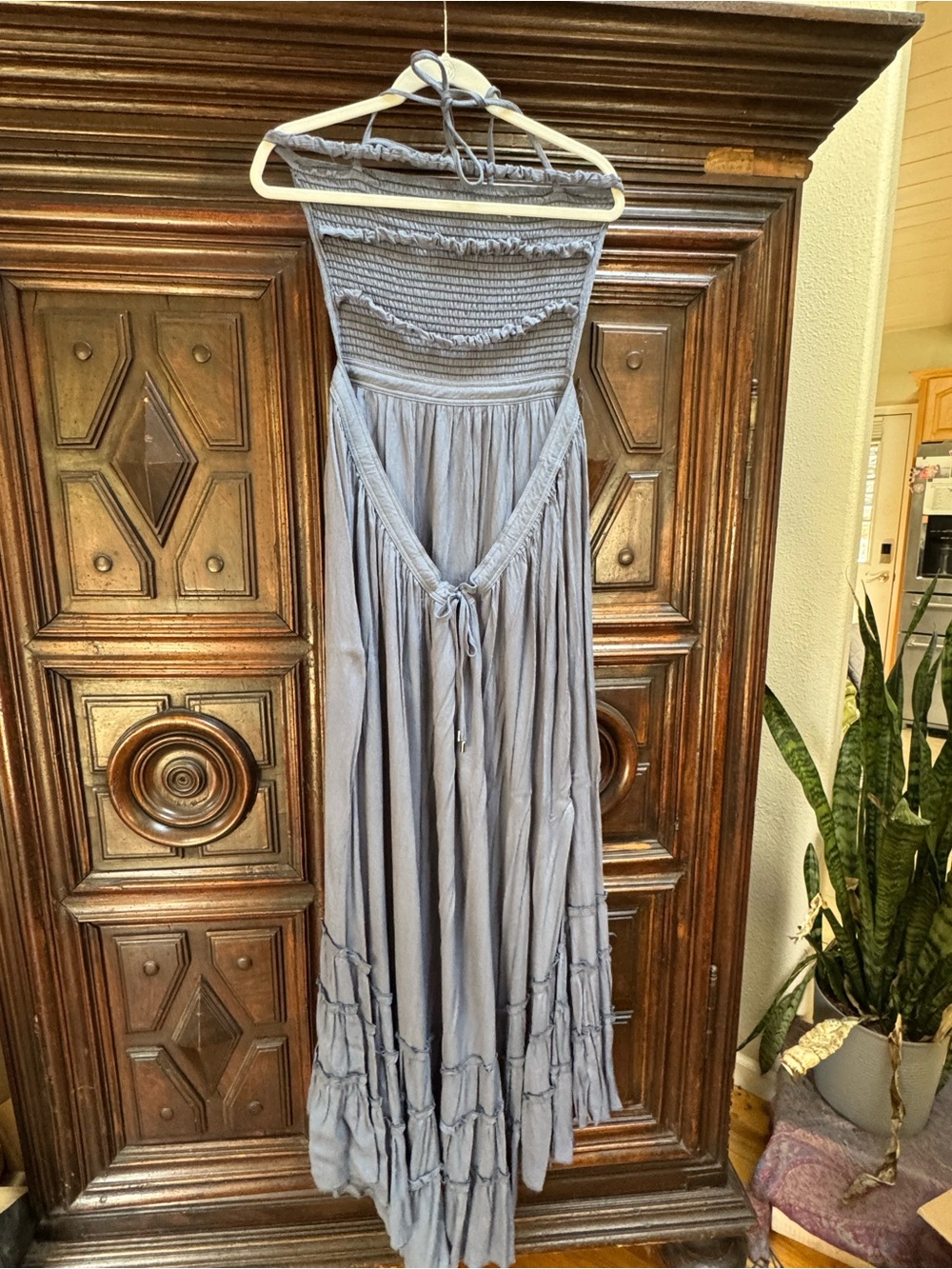 Smocked Bodice Teal Maxi Dress with Side Cutouts - Picture 4 of 6